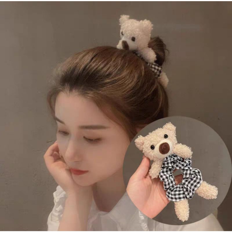 Ikat Rambut Scurnchie Boneka Beruang Scrunchie Bulu Korea Plush Bear Fluffy Faux Fur Ball Scrunchies Rabbit