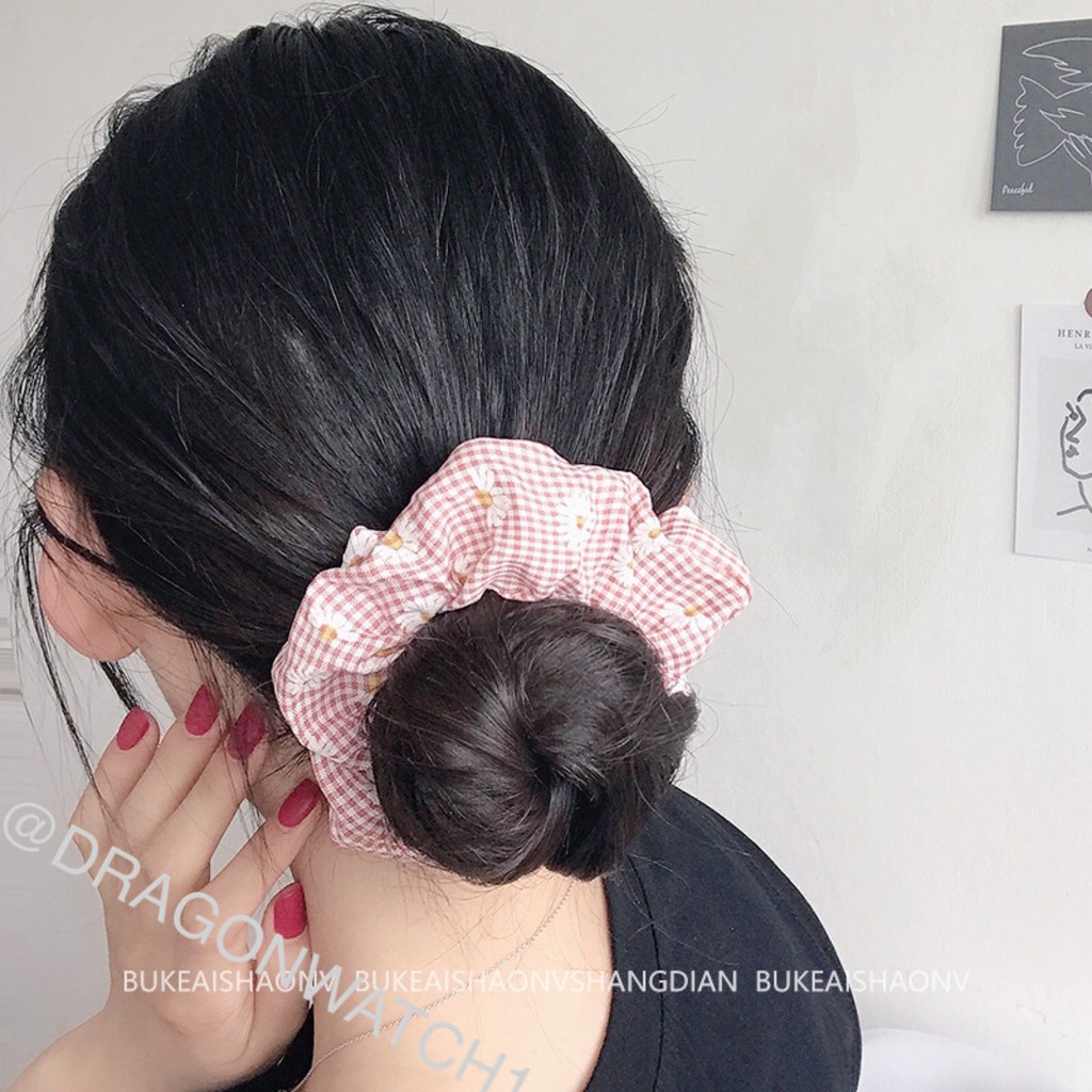 [Fashion Wanita] Ikat rambut pola daisy Kain kotak-kotak kecil klasik tali rambut elastis   T005