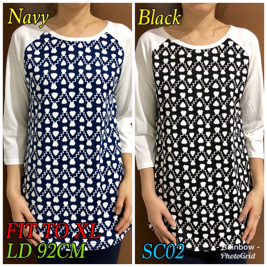 Raglan SCUBA Lengan 3/4 fit to XL sablon / atasan wanita / blouse