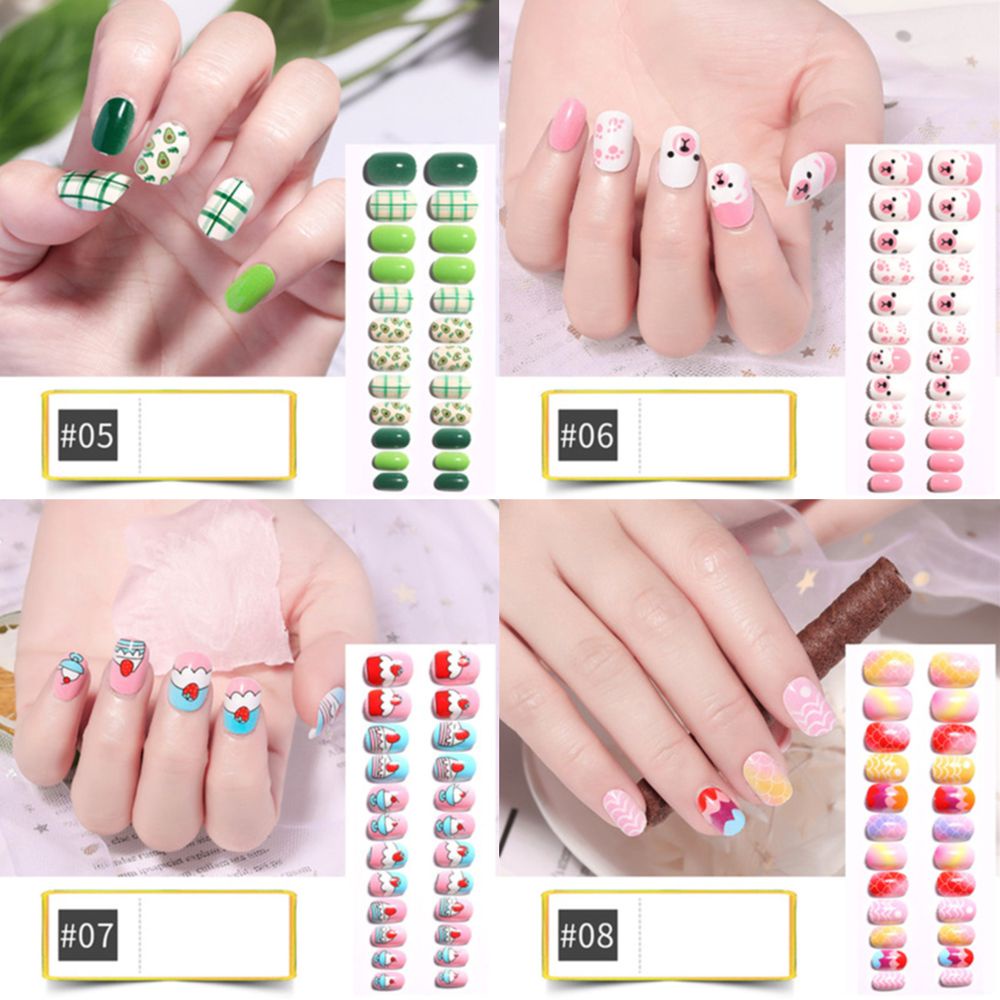 Mxbeauty 24pcs / Set Kuku Palsu Anak Perempuan Motif Kartun Bunga Warna-Warni Untuk Dekorasi Manicure Diy