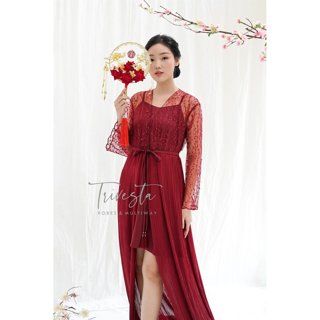 Clarkia Robe in Maroon - Sangjit Tingjing Lamaran Robe Kimono Pengantin