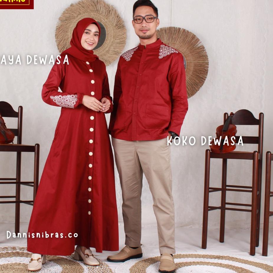 Dannis Sarimbit d'Kingdom Terbaru 2022 Katun Couple Keluarga Baju Lebaran Merah Katun Gamis Koko Set