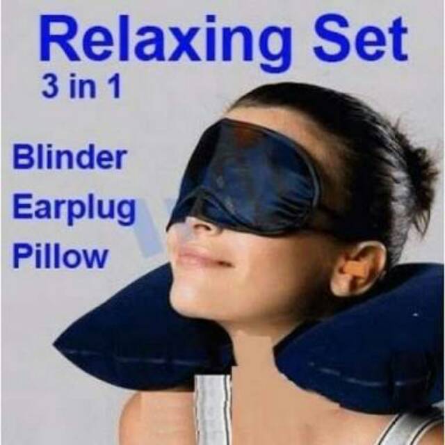 SET PILLOW TRAVEL INFLATABLE  BANTAL LEHER  EAR PLUG  DAN EYE MASK