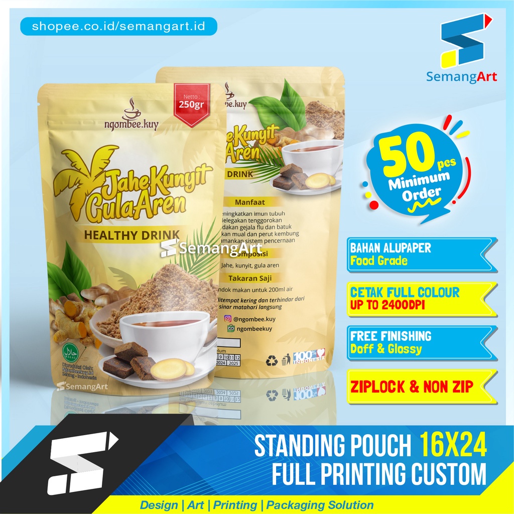 Cetak Kemasan Standing Pouch 16x24 Zipper Ziplock Makanan Desain Custom