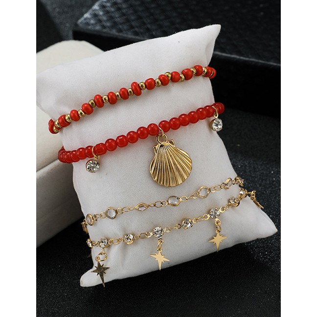 LRC Gelang Kaki Fashion Gold Alloy Diamond Diamond Star Bead Shell 4 Layer Anklet D09313