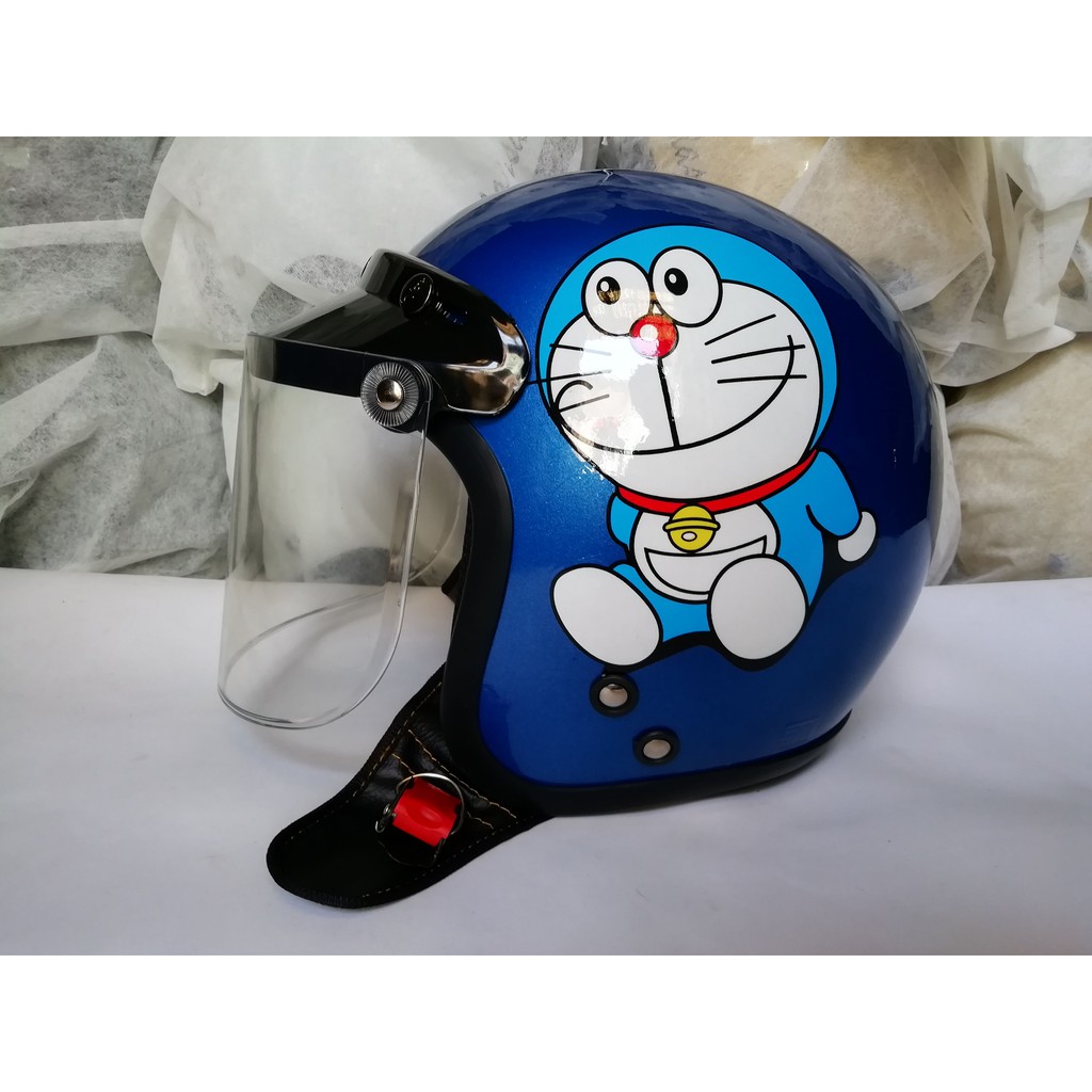 HELM DORAEMON BOGO DEWASA CAT BIRU TUA KACA DATAR BENING
