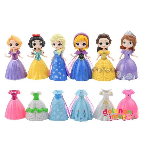 Princess Frozen ganti baju isi 6 Dress 12 Figure Set Mainan Pajangan Miniatur D554
