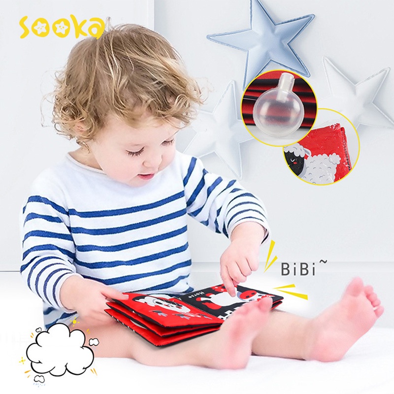 SOOKA Buku Edukasi Anak Usia Dini Bahan Kain - Buku edukasi visual audio hitam putih merah, buku kain tiga dimensi, buku kain mainan bayi bersuara usia 0-3 tahun SK-GGF1080