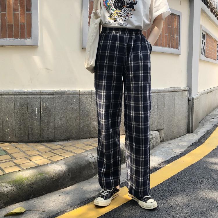Xiaozhainv Celana leg kotak kotak retro Pinggang Tinggi Xiaozhainv Celana leg kotak kotak retro Pinggang Tinggi