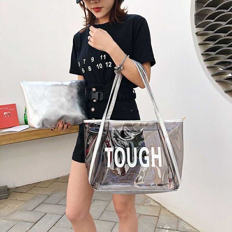 TW1811 Tas Wanita Transparan Totebag Pvc Plastik Keren Fashion Cewek Modis