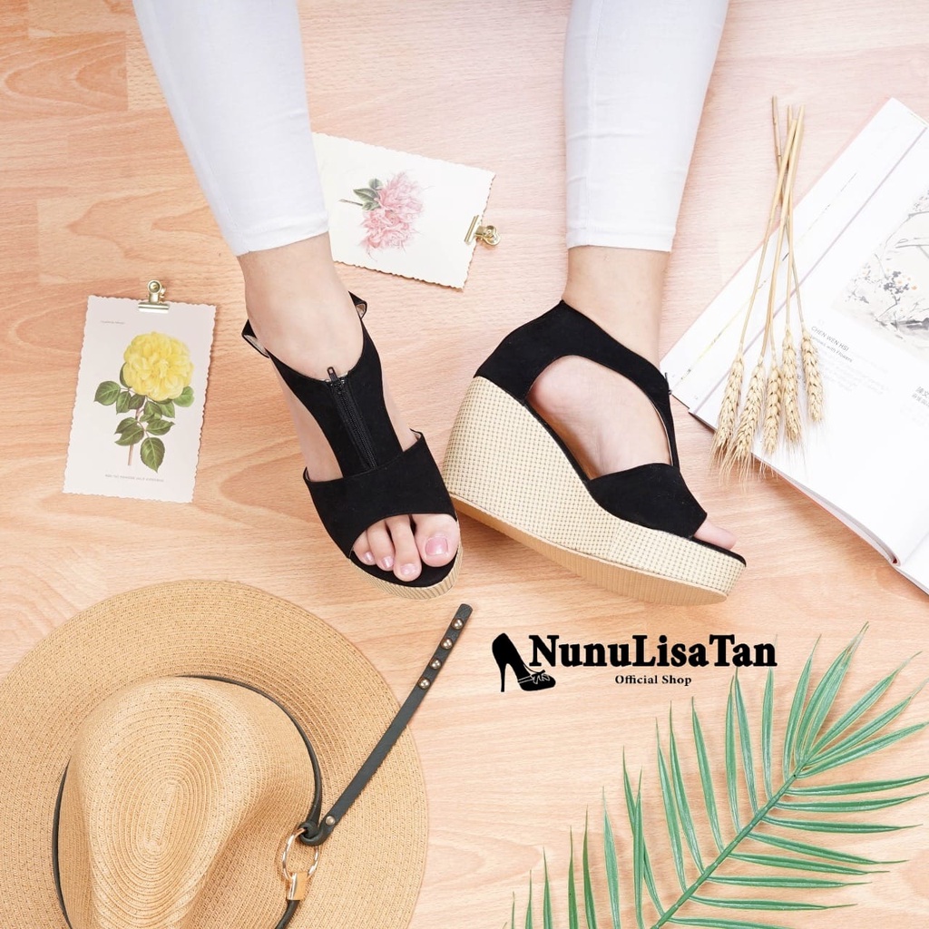 NunuLisaTan - Termurah Bayar Di tempat Sepatu Hak Selop Kokop Wedges Wanita RESLETING hitam 7cm