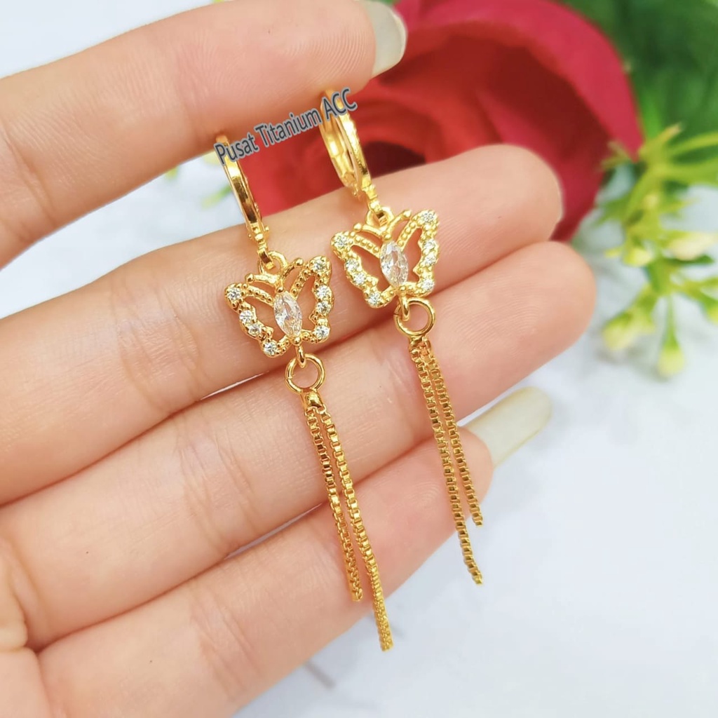 ANTING TITANIUM JURAI/JUNTAI PANJANG KUPU-KUPU ELEGAN LOGAM EMAS KOREA ANTI LUNTUR&ANTI KARAT