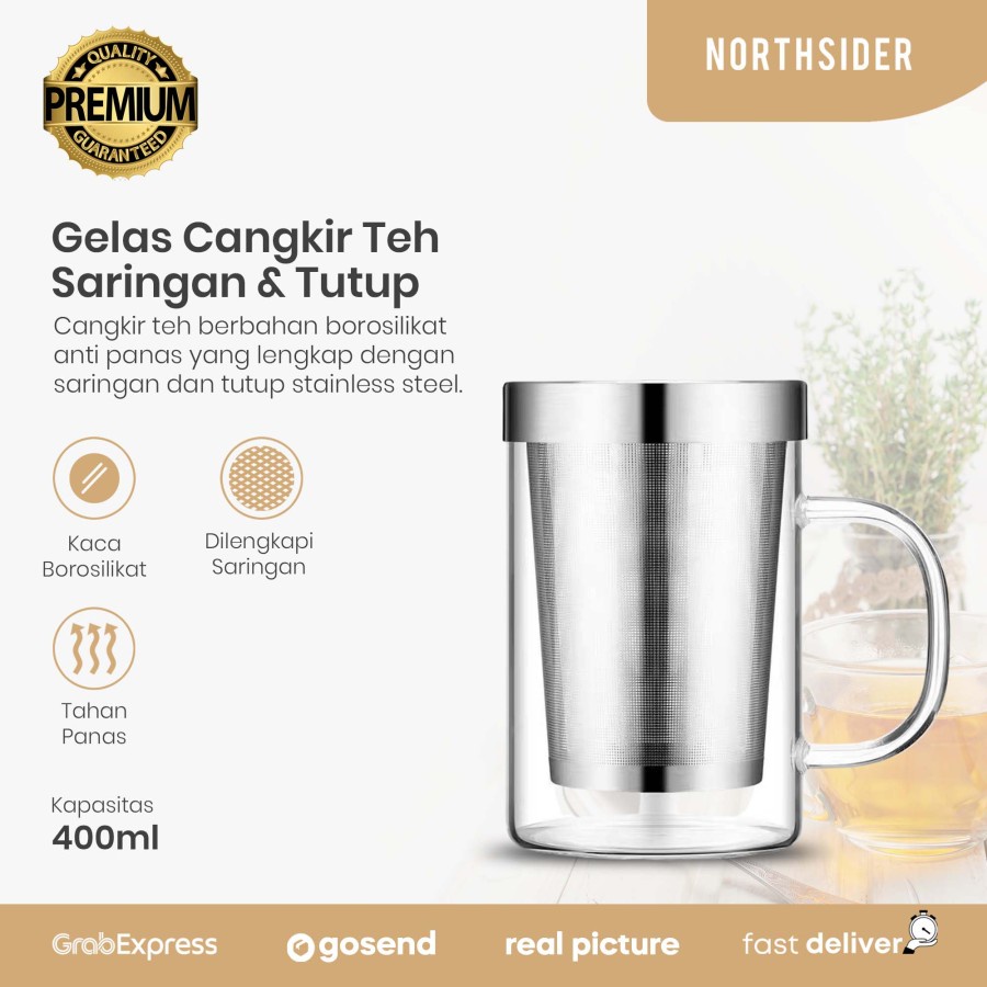 GELAS CANGKIR TEH KACA 400ML SARINGAN DAN TUTUP STAINLESS STEEL