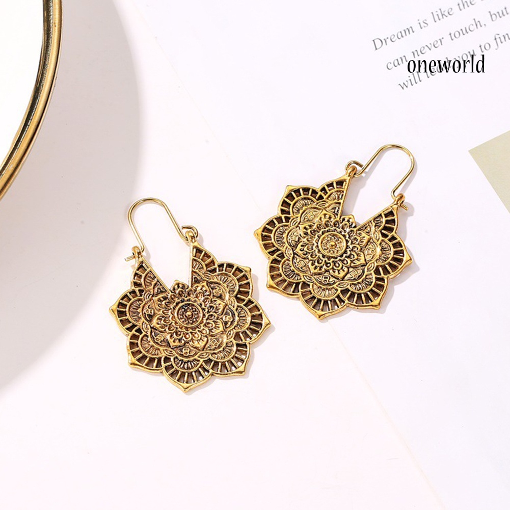 OW@ Vintage Women Hollow Out Carved Flower Dangle Leverback Earrings Jewelry Gift