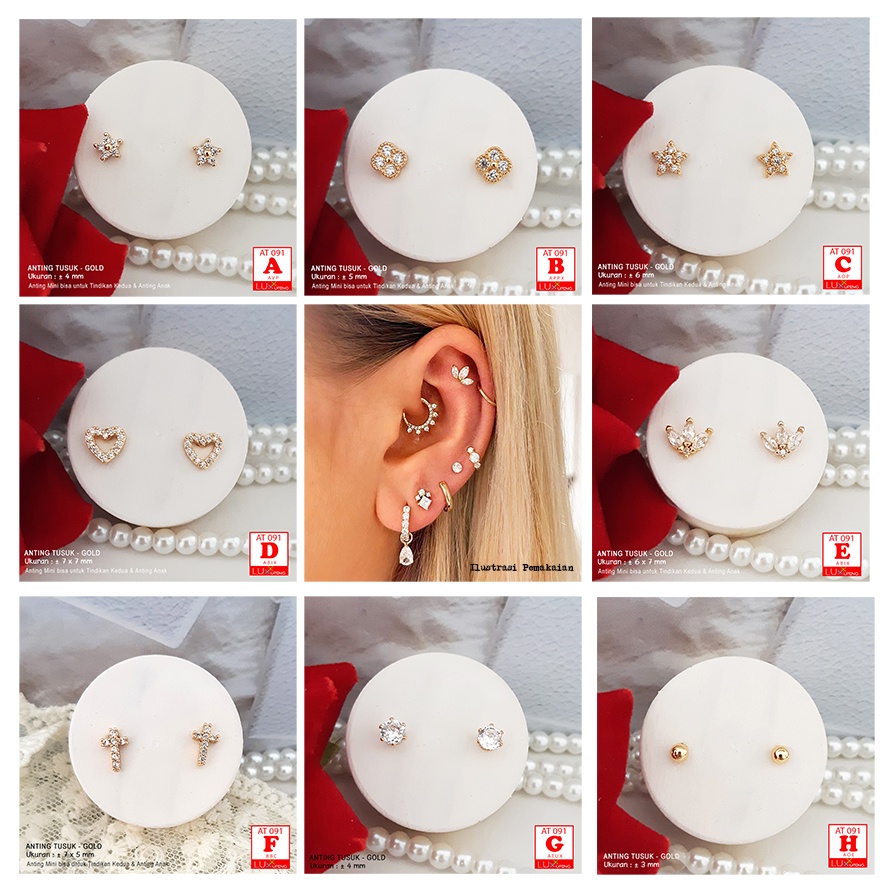 AT 091 Anting Tusuk Kecil Tindik Lubang di Pinggiran Telinga Perhiasan Lapis Emas Imitasi Permata Zirkon Aksesoris Wanita Korea Model Terbaru Anting Funky Anting Unisex Laki Perempuan Piercing Luxx Xuping