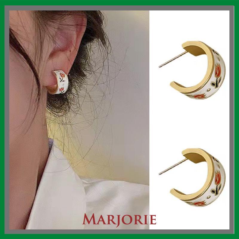 Retro Musim Semi Tulip Lingkaran C Cincin Gaya Hong Kong s925 Sterling Silver Stud Earrings-MJD