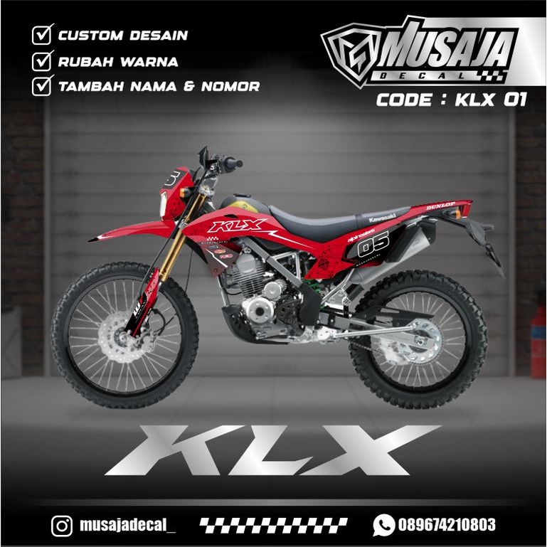 Decal stiker KLX bf full body custom merah simpel - stiker variasi klx bf merah hitam full body