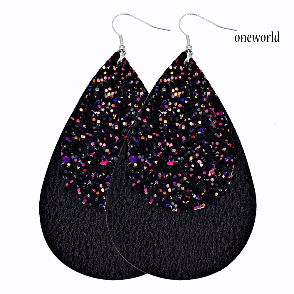 OW@ Glitter Sequins Teardrop Faux Leather Drop Dangle Statement Women Hook Earrings