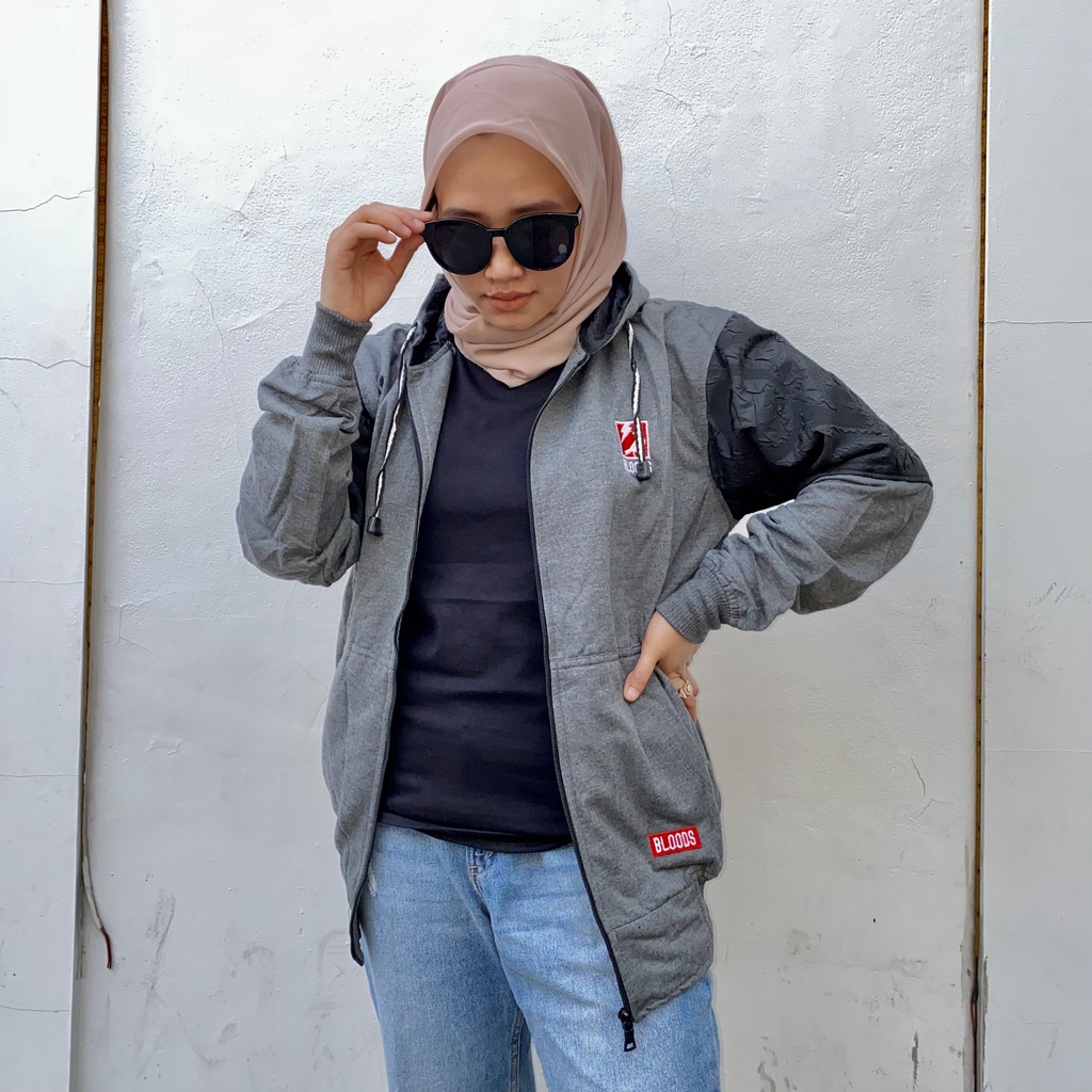 Jaket Sweater Zipper Bordir Kombinasi Qwilting ABU TUA BLDS