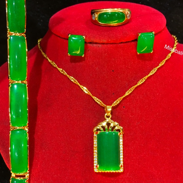 Set kalung giok hijau xuping  asli 24k,bentuk kotak,permata pakai batu giok hijau～