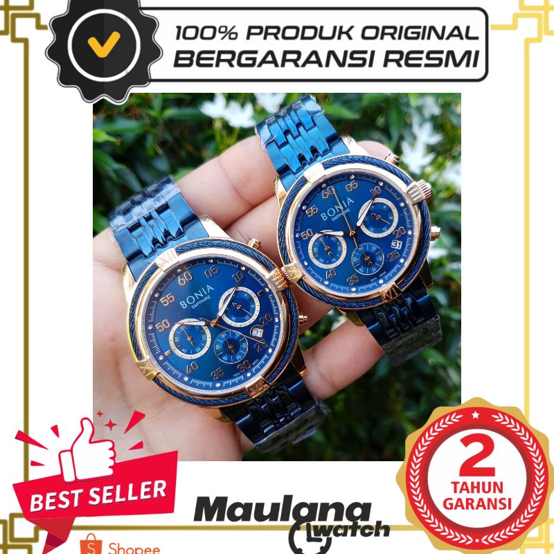 JAM TANGAN PRIA WANITA | RANTAI | KULIT | KARET | MURAH | BONIA - 10534 COUPLE ALL STEEL COMBI BIRU 