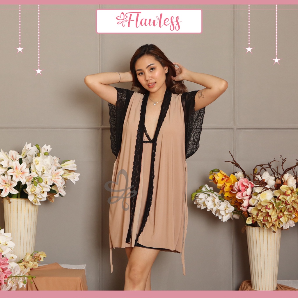 ALICE Lingerie Sexy Model Kimono Motif Renda Tidak Transparan Baju Tidur Wanita Piyama Seksi Baju Dinas Depan Suami Sleepwear-Cokelat Susu