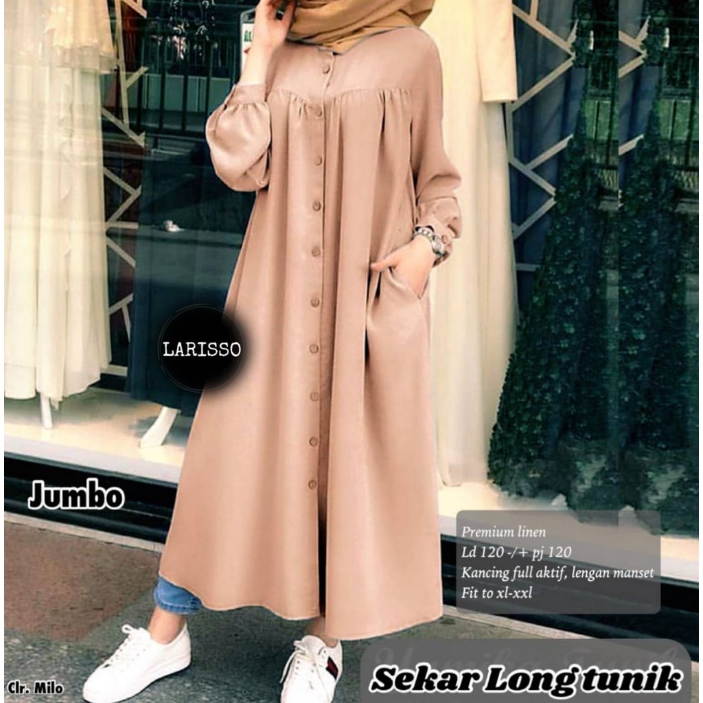 Tunik jumbo panjang kancing aktif bahan linen / Sekar long tunik