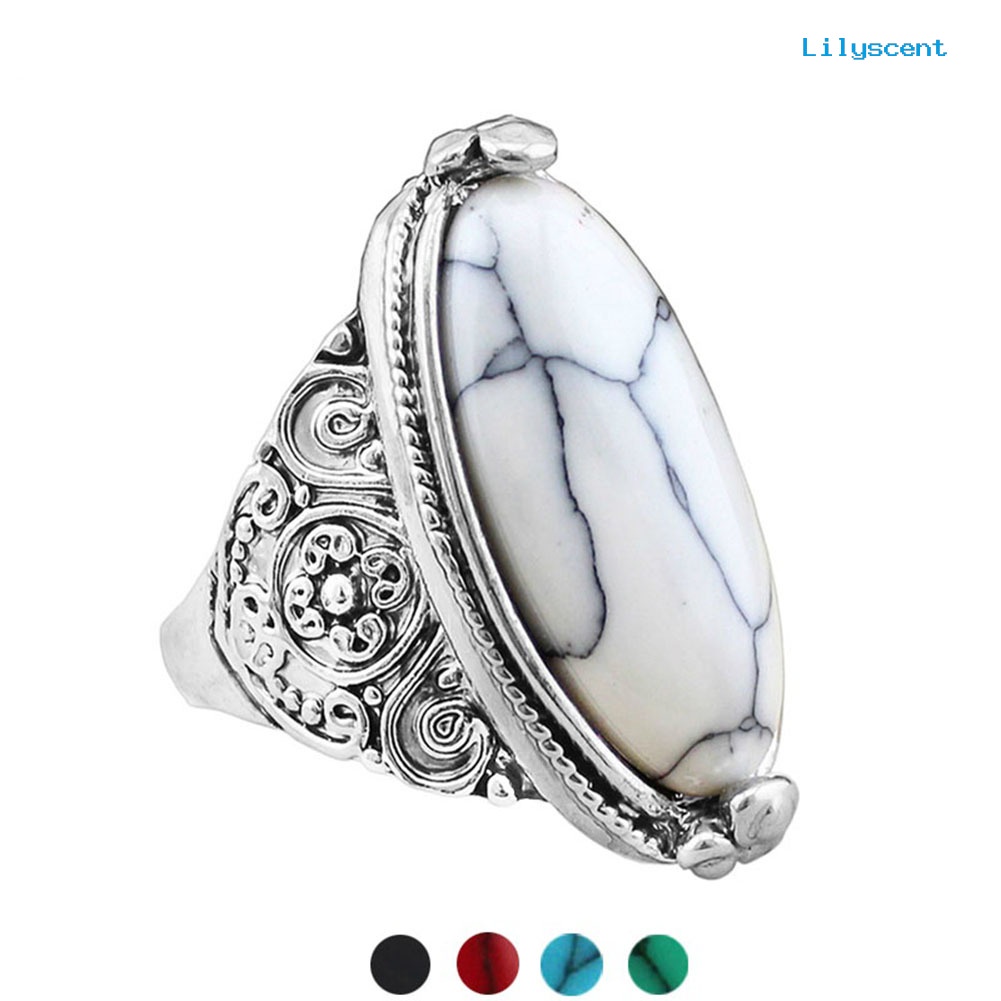 Ls Cincin Lapis Silver Antik Gaya Boho Vintage Dengan Turquoise Oval Untuk Wanita