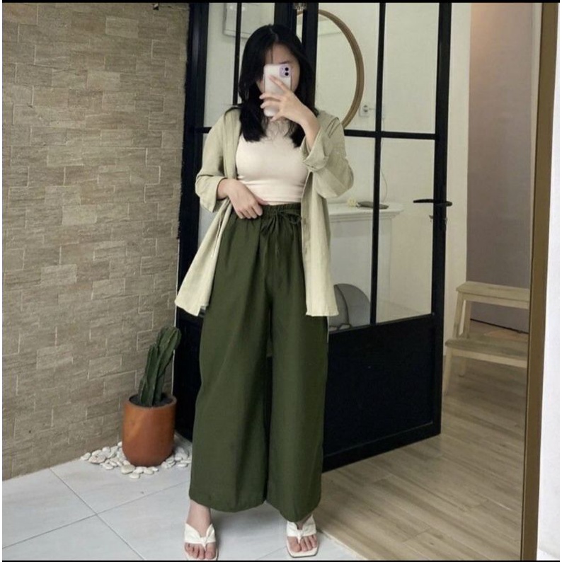 Celana kulot Linen Highwaist Pinggang Full Karet All size kulot Tali kulot Terlaris termurah