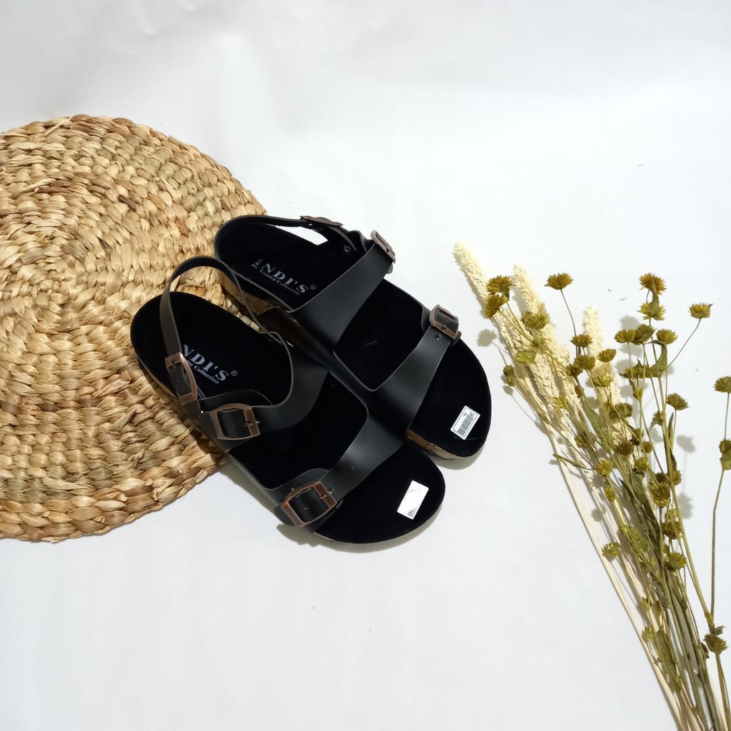 Sandal Flat Wanita Birken Model Tali Slingback On Black ( Alesa - Series )