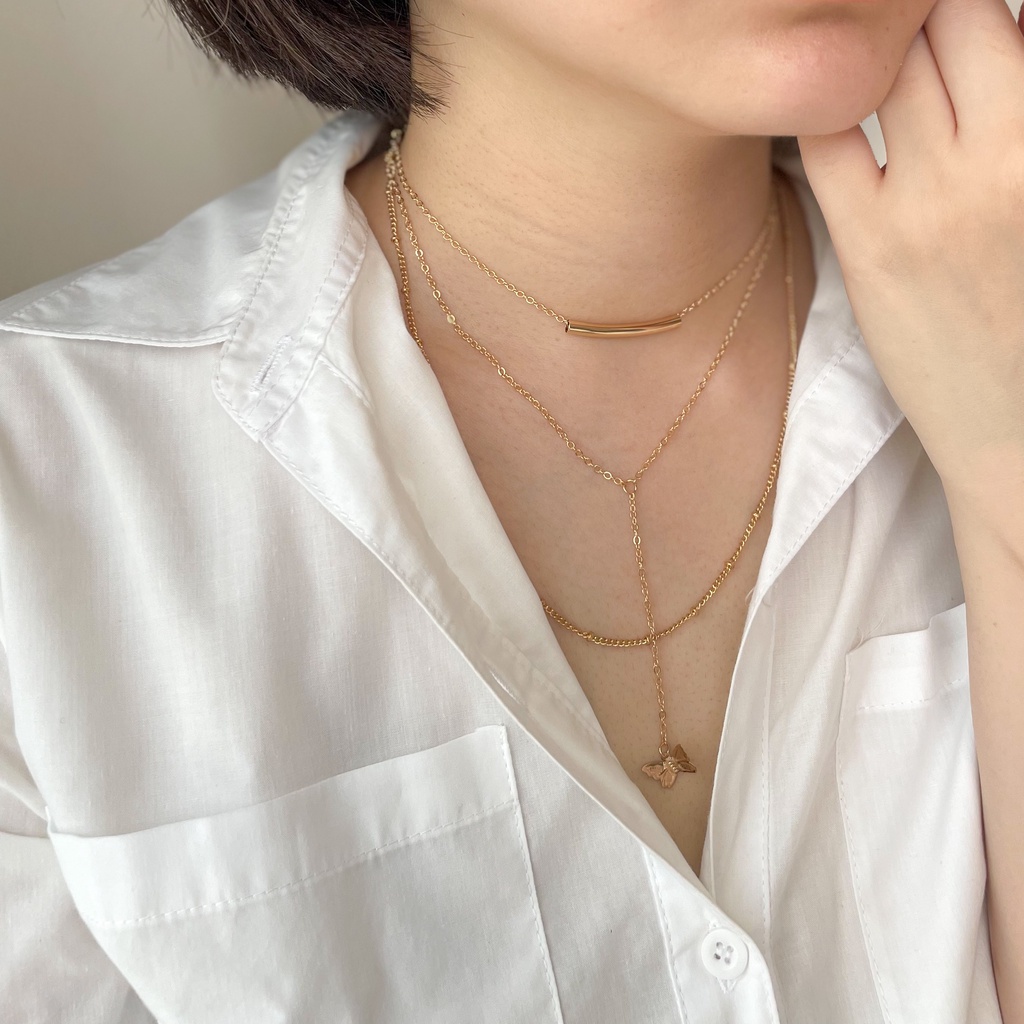 Butterfly Necklace | Aksesoris kalung wanita korea murah 3 layer dengan liontin kupu-kupu