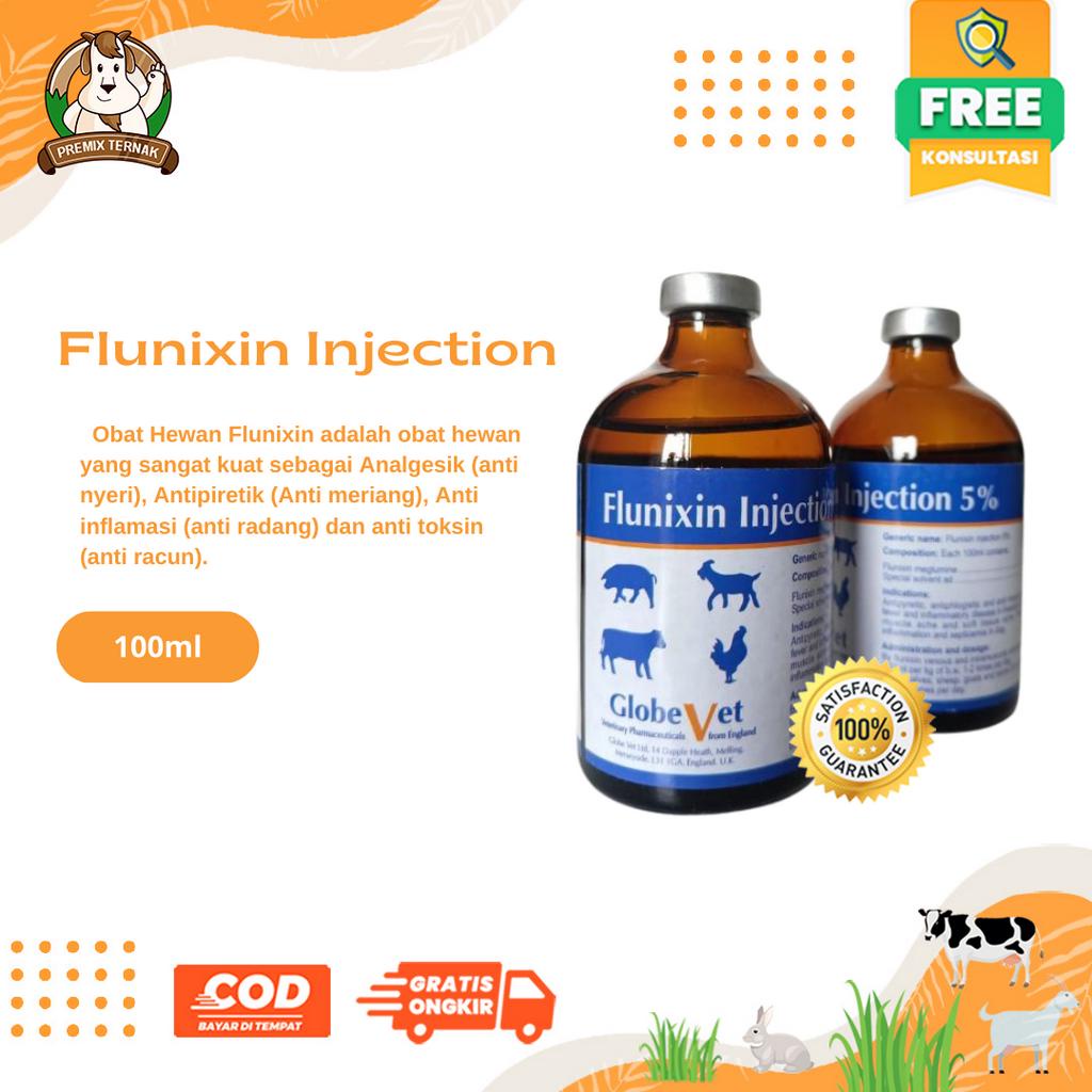 FLUNIXIN Injeksi 5% 100ml | obat hewan bengkak pincang obat Analgesik obat Anti Nyeri Anti Piretik obat anti meriang Anti Inflamasi anti Radang, Anti Racun | GLOBE VET