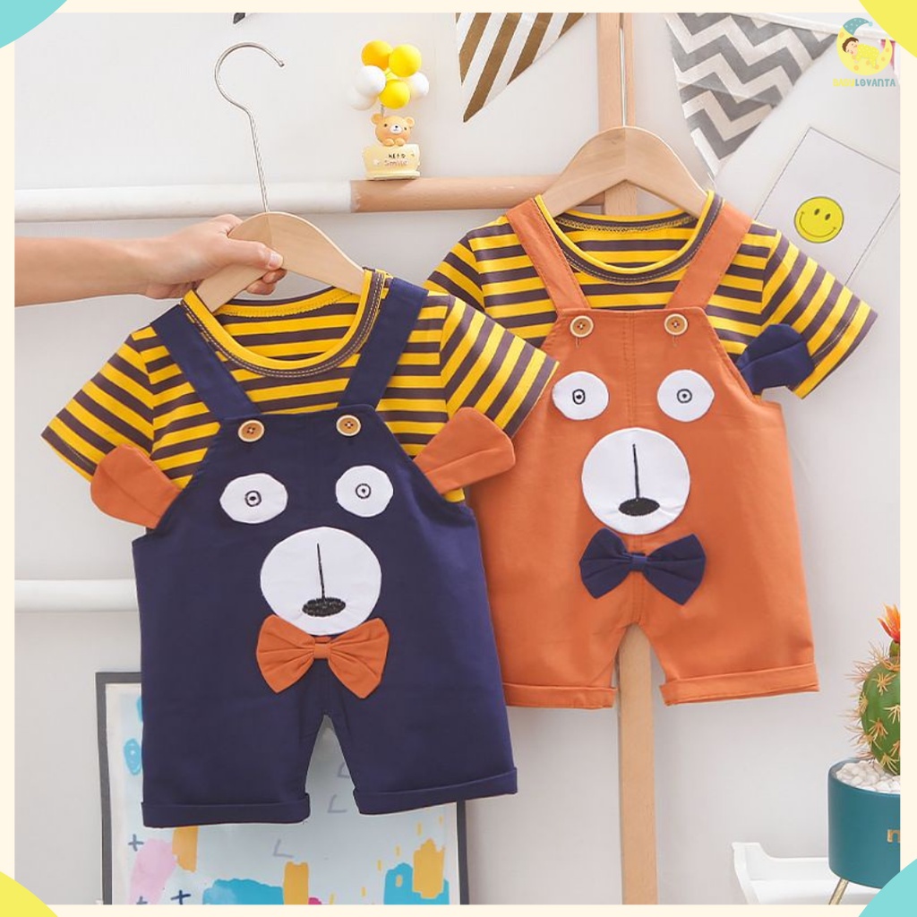 BABYLOVANTA -  Baju anak anak motif BEAR GARIS NAVY &amp; BROWN/ Baju stelan kodok  Jumpsuit lucu