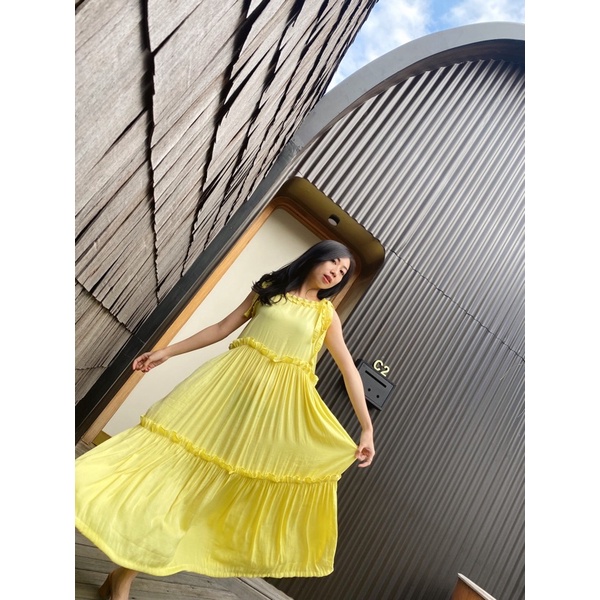 long ruffled summer dress in yellow