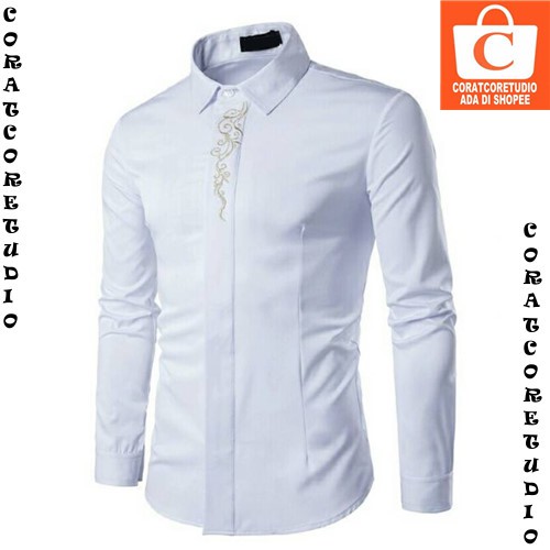 7 WARNA M L XL - Kemeja Koko Pria Lengan Panjang Dada Bordir Premium PUTIH EMAS -