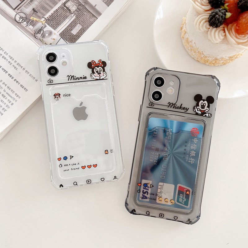 Mickey &amp; Minnie Card Bag Soft Case iP iPhone 7 8 + Plus X XR SE 2020 XS Max 11 12 13 Pro Max Black Clear Casing