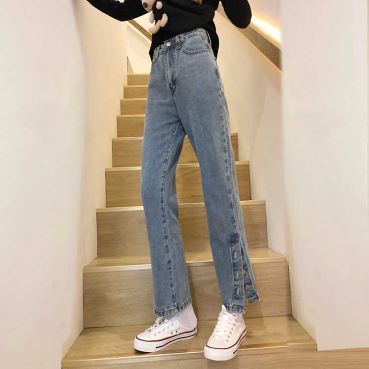 Celana Panjang Korean Stye Celana Fashion Style Ins Retro Pinggang Longgar Split Jeans Lurus Celana Panjang