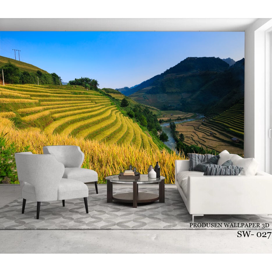 PERCETAKAN Wallpaper Dinding Ruang Tamu 3d Pemandangan Alami Sawah Perdesaan