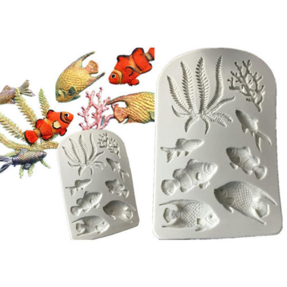 Solighter Ocean Cetakan Silikon Home &amp; Kitchen Fondant Sugarcraft Ikan Rumput Laut Alat Dekorasi Kue