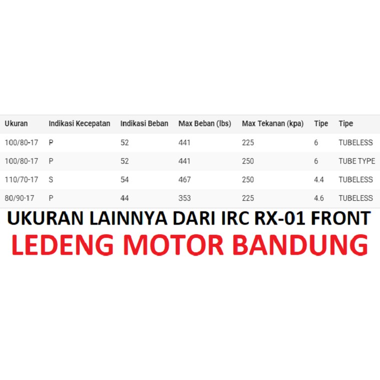 IRC 80/90-17 RX 01 Front Road Winner Ban Tubeless Motor Bebek