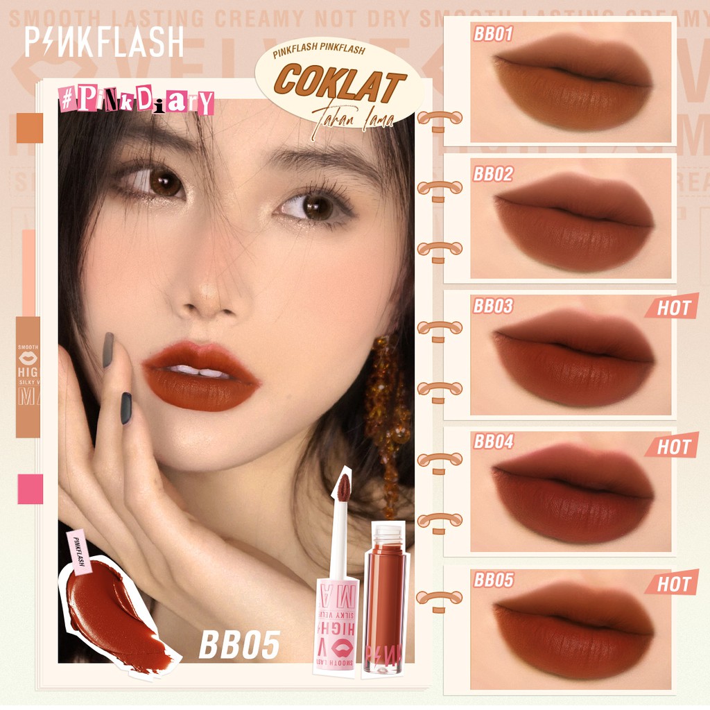 PINKFLASH #PinkDiary Velvet Matte Lipstick Lip Cream Smooth High Pigment Lasting Tahan Air Lipstik Original Sachi Beaute