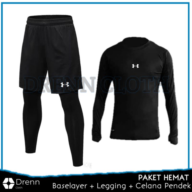 Stelan Olahraga Pria Baju Manset Baselayer Olahraga Legging Panjang dan Celana Pendek Pria Olahraga  Futsal Gym Premium-Full Set Ua