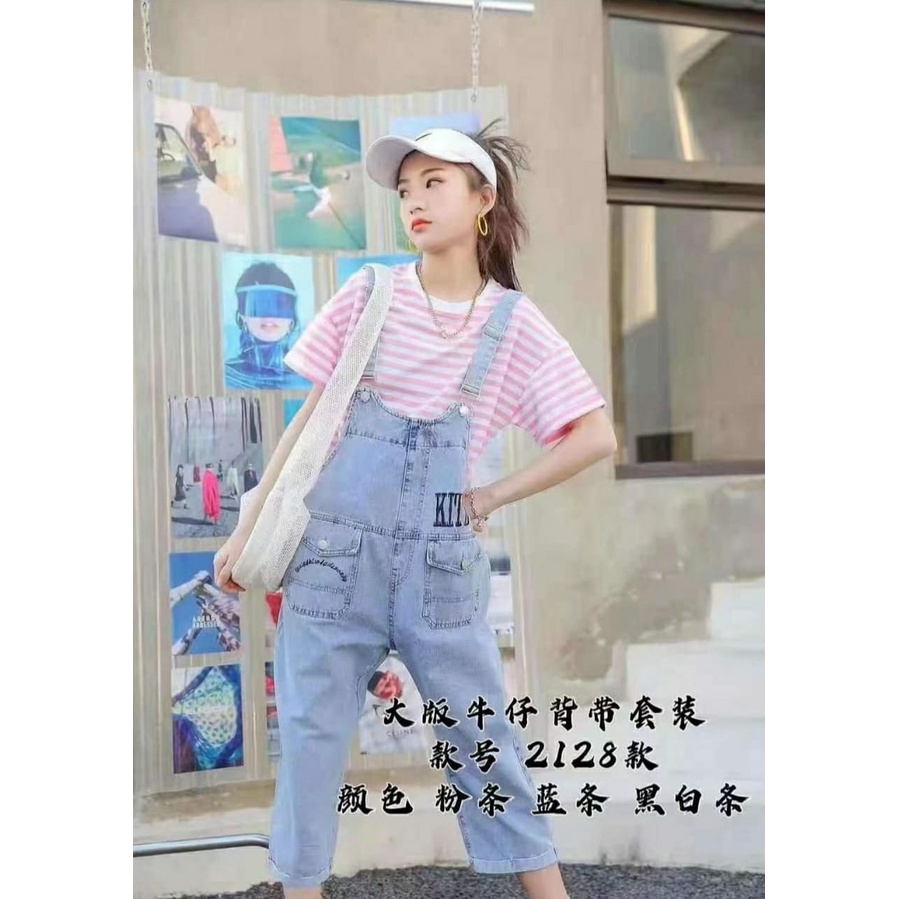 Baju Kodok / Overall Anak Perempuan Jeans dan Kaos Liris Korea Style Import Premium Umur 5-10 Tahun