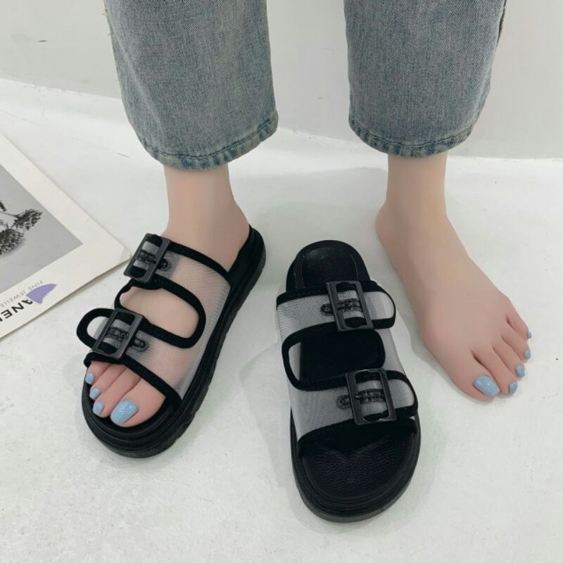 AGI0399 Sandal Slop Wanita Fashion Import Double Strap Buckle Ready Jakarta Bisa COD (With Box)