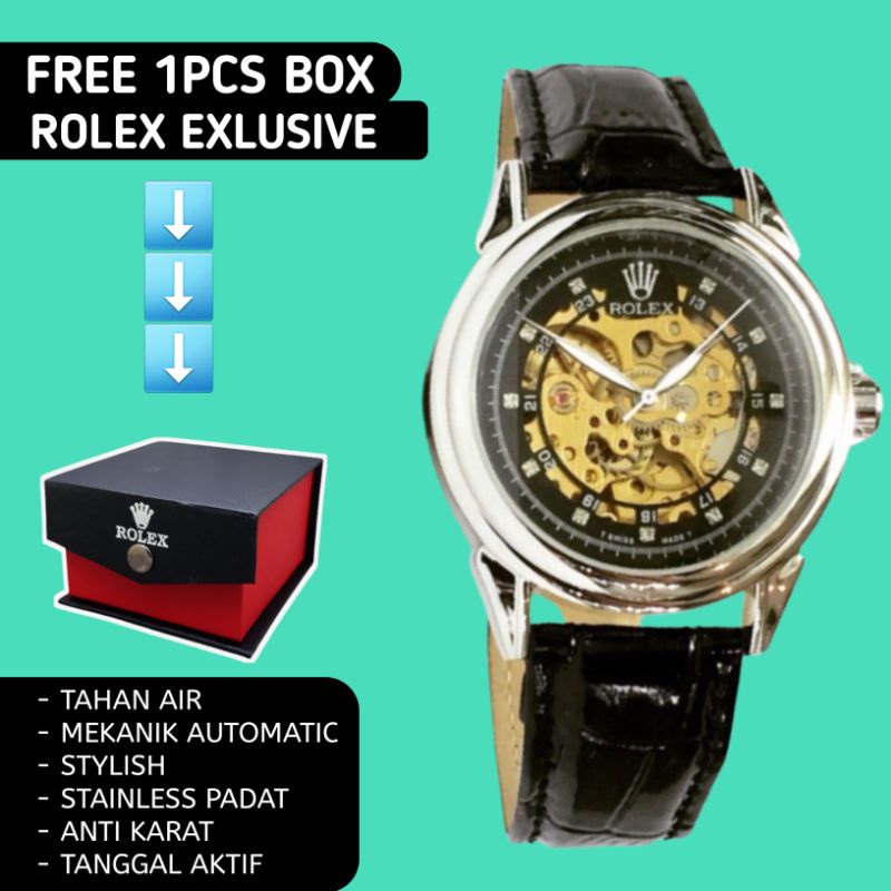 Jam Tangan Rolex Pria Otomatis Automatic Analog Anti Air Water Resist Strap Kulit Classic Berkualita