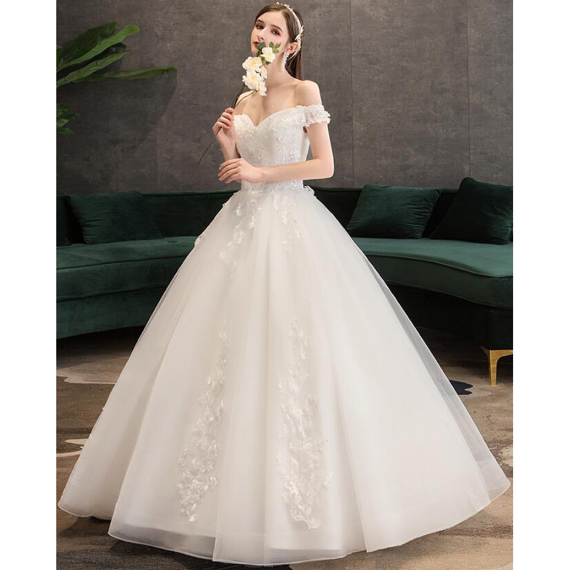 Fashion Wanita Bridal Putih Off Shoulder Renda Berlian Pernikahan Gaun Bridal Ball Gown