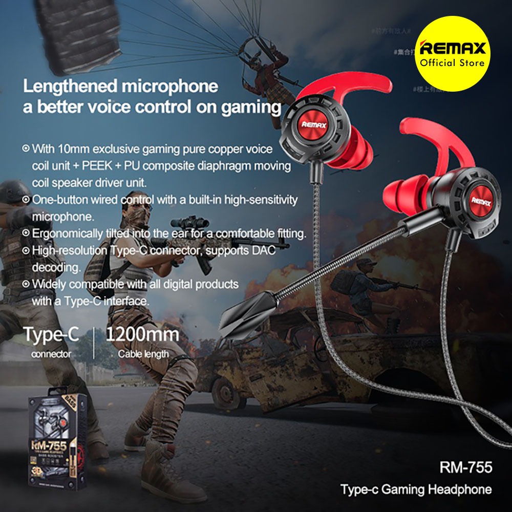 Headset Gaming Type C Remax RM-755 In-Ear Handsfree Earphone Original