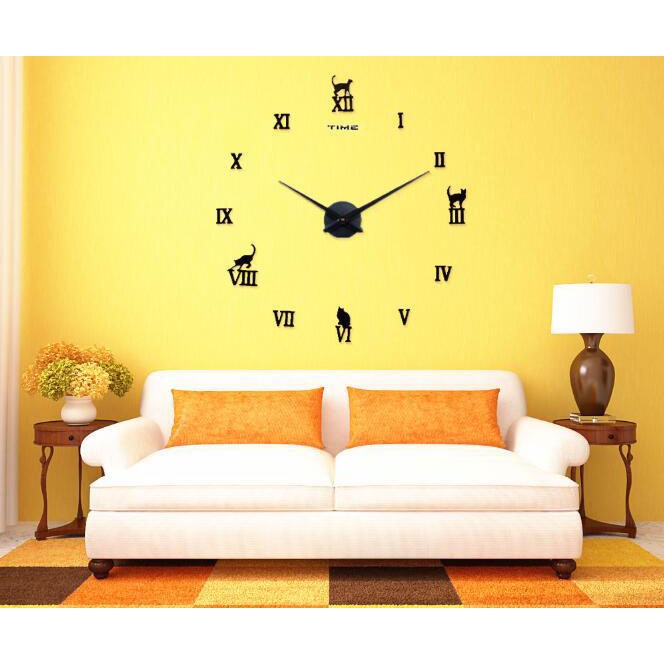 (MAINANKYU) Jam Dinding Besar DIY Giant Wall Clock Quartz Creative Design Model Kucing Lucu - Silver