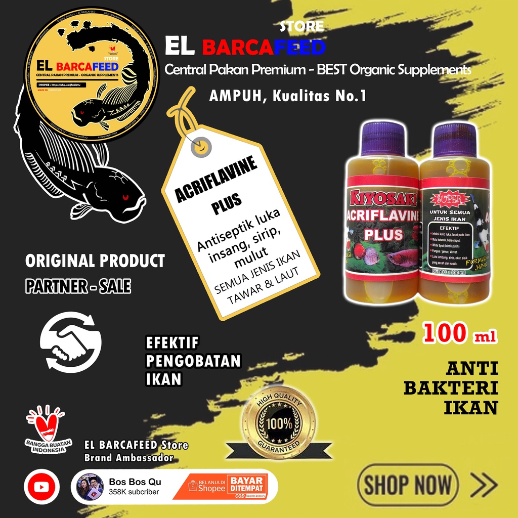 ACRIFLAVINE PLUS 100ml (OBAT IKAN / Antiseptik Luka Insang, sirip, mulut, ANTI BAKTERI ) - EL BARCAFEED PARTNERSALE