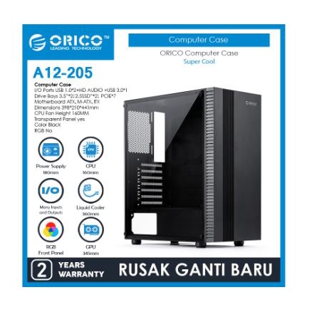 Casing komputer gaming Orico Atx tempered glass Usb 3.0 2.0 audio mic a12-205 jc5000 - Pc case